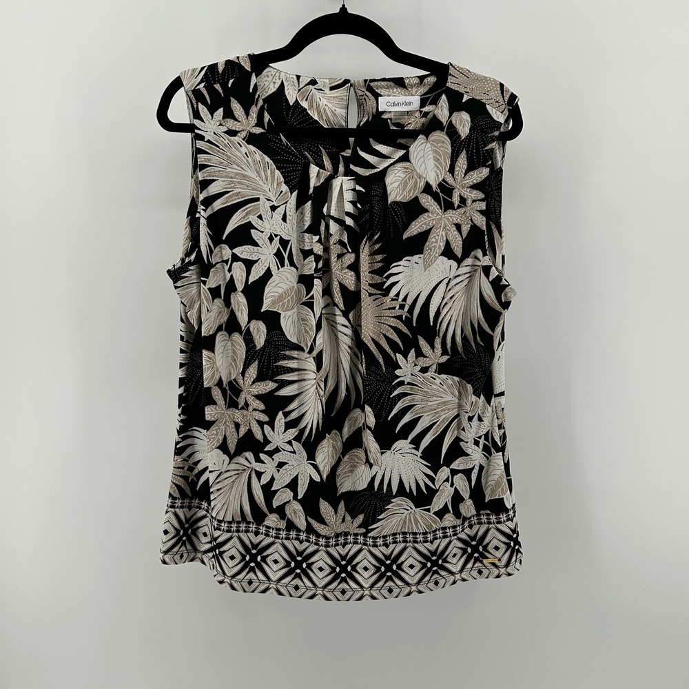 Calvin Klein Tropical Leaf Blouse Black Beige XL Office Resort Neutral Vacation